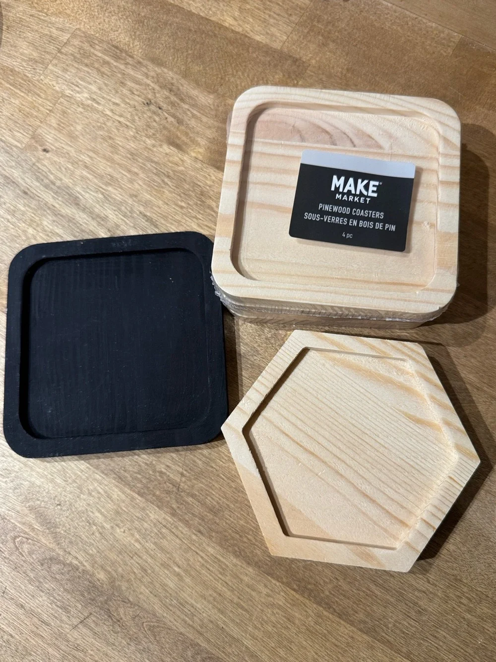 Set of 7- Mixed shape pinewood coasters